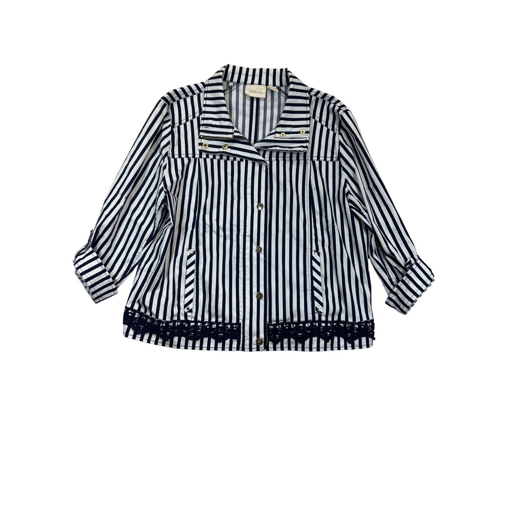 Chicos Jacket Women's 2P Petite Black White Striped Button Down Roll Tab Sleeves